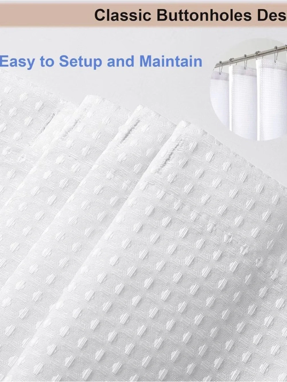 White Shower Waffle Weave Heavy Fabric Shower Curtain Hotel Style 72” X 72”